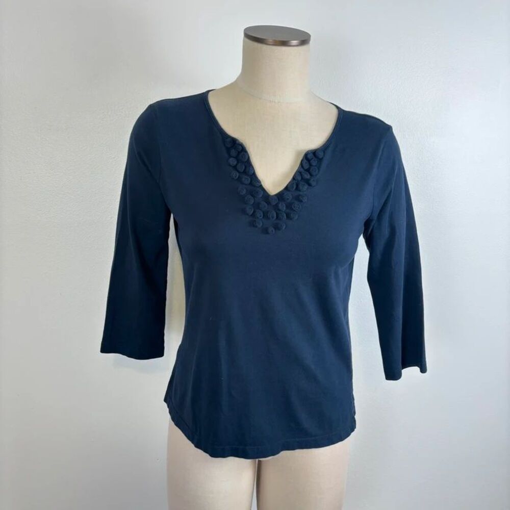 Talbots Womens Small S Navy Blue Floral Rosette Neck Top 3/4 Sleeve Cotton Tee